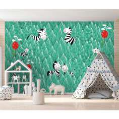 پوستر دیواری اتاق کودک طرح جنگل و گورخر ها کد 015