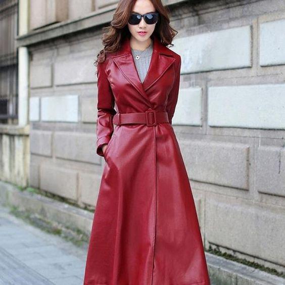 مدل کاپشن چرم زنانه پالتوی بلند قرمز|لیدی