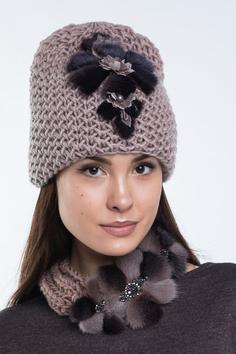 مدل شال گردن و کلاه زنانه بافتنی ترکیب با خزه به شکل گل