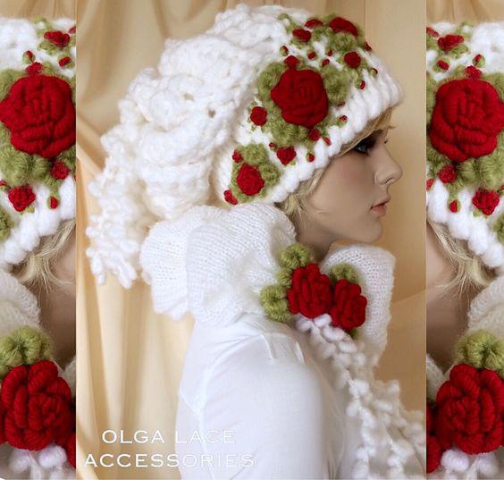 مدل شال گردن و کلاه زنانه بافتنی سفید با گل قرمز|لیدی
