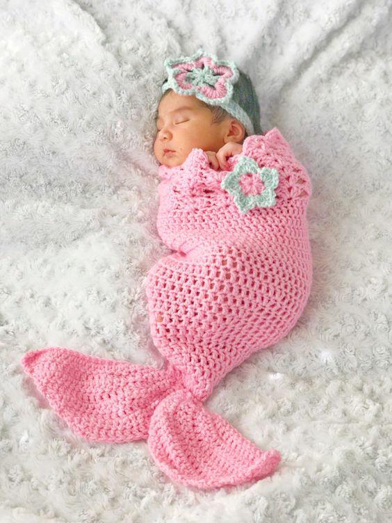 مدل لباس بافت نوزاد قنداق شبیه پری دریایی ست هدبند|لیدی