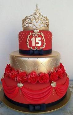 کیک تولد دخترانه قرمز ترکیب با طلایی چند طبقه|لیدی