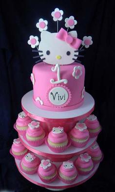 کیک تولد دخترانه کیتی با کاپ کیک