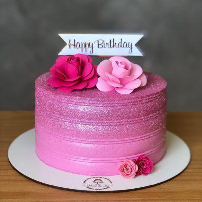 کیک تولد دخترانه صورتی ترکیب با گل قرمز|لیدی