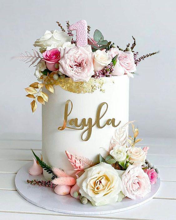 کیک تولد دخترانه گل طبیعی برای یک ساله|لیدی
