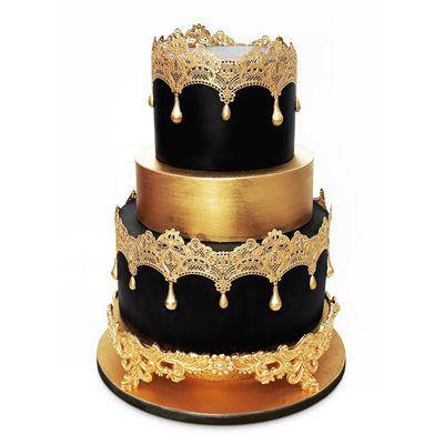 کیک تولد دخترانه طلایی تم مشکی طلایی طرحدار|لیدی