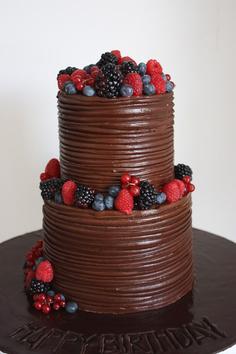 کیک تولد دخترانه شکلاتی دو طبقه ی تزئین میوه