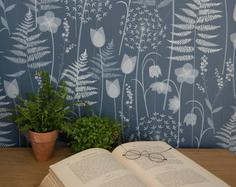کاغذ دیواری , طرح گل , آبی , طرح باغ , کد (m495871)