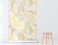 کاغذ دیواری , سفید , طلایی , طرح درخت نخل , زرد , کد (m498138)
