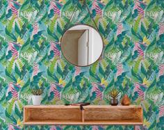کاغذ دیواری , طرح دار , سبز , صورتی , طرح درخت نخل , کد (m497590)