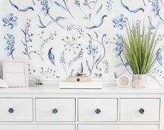 کاغذ دیواری , طرح گل , آبی , کد (m496902)