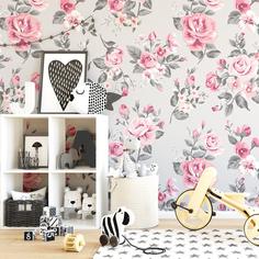 کاغذ دیواری , طرح گل , صورتی , خاکستری , طرح گل رز , کد (m496279)