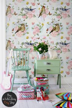 کاغذ دیواری , طرح گل , دکور مهد کودک , طرح گل رز , مناسب اتاق کودک , طرح پرندگان , طرح پرنده , طرح طبیعت , کد (m497245)