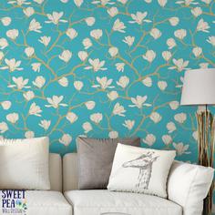 کاغذ دیواری , طرح گل , آبی , طرح مناطق گرمسیری , گل و گیاه , کد (m497041)