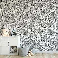کاغذ دیواری , طرح گل , سفید , سیاه , طرح مناطق گرمسیری , گل و گیاه , کد (m496576)