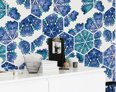 کاغذ دیواری , طرح دار , آبی , طرح گل , رنگارنگ , طرح هندسی , کد (m497065)
