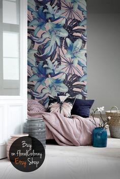 کاغذ دیواری , طرح گل , آبی , طرح مناطق گرمسیری , هنری , طرح گل رز , کد (m497569)