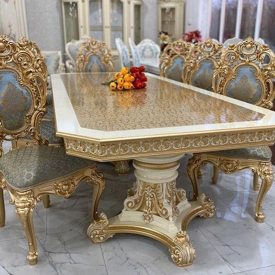 میز ناهار خوری سلطنتی سفید طلایی|ایده ها