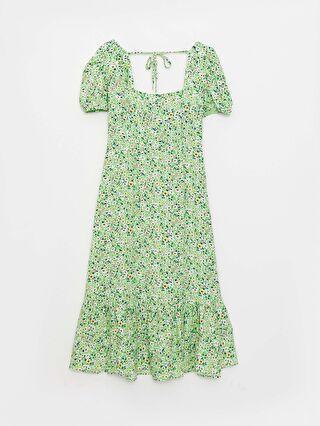 پیراهن رسمی زنانه سبز برند XSIDE S2ME29Z8 ا Kare Yaka Çiçekli Kısa Kollu Viskon Kadın Elbise|پیشنهاد محصول