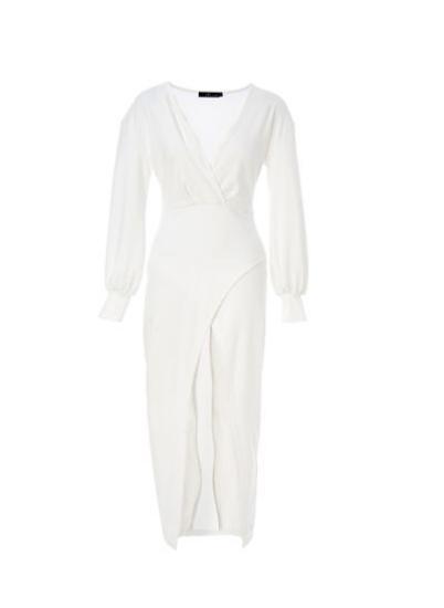 لباس مجلسی اسپلیت جلوی آستین مجلسی بلند زنانه یقه V، سفید|پیشنهاد محصول
