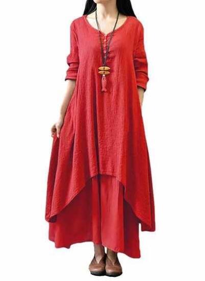 مدل جدید لباس آستین بلند جامد Boho Long Maxi G8214R قرمز|پیشنهاد محصول