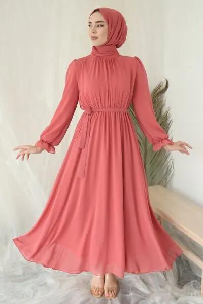 لباس مجلسی زنانه آستین بادکنکی چین دار مرجانی برند saretex|پیشنهاد محصول
