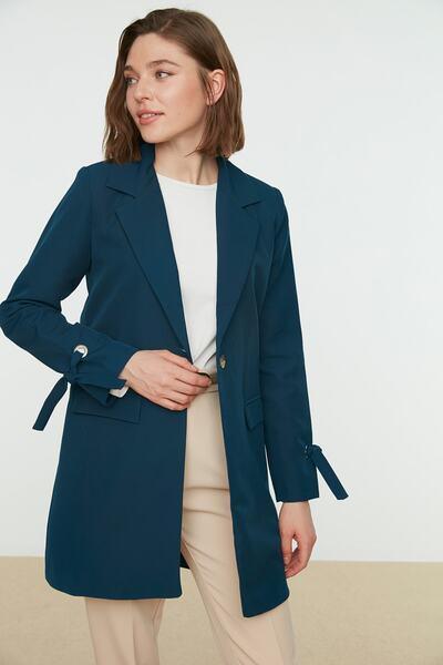 کت بلند تک دکمه یقه انگلیسی زنانه آبی تیره برند Trendyol Modest|پیشنهاد محصول