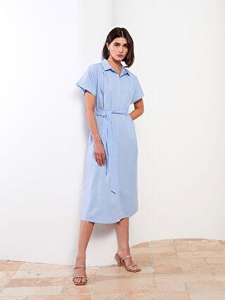 پیراهن رسمی زنانه آبی السی وایکیکی W2ES30Z8 ا Gömlek Yaka Düz Kısa Kollu Poplin Kadın Elbise|پیشنهاد محصول