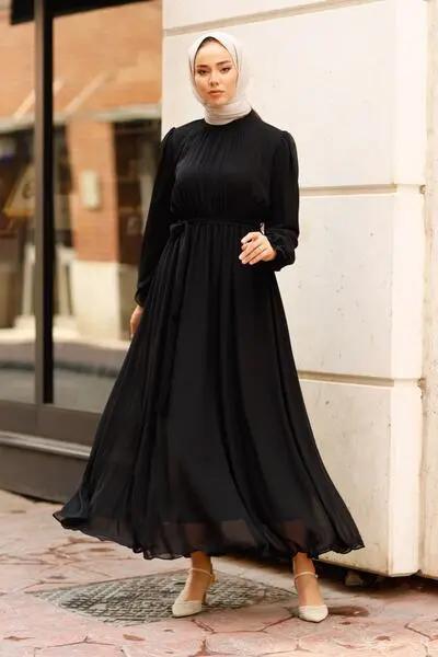 لباس مجلسی زنانه آستین بادکنکی چین دار مشکی برند saretex|پیشنهاد محصول