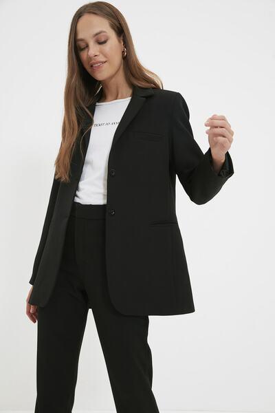 کت کوتاه چهار دکمه جیب دار زنانه مشکی برند Trendyol Modest|پیشنهاد محصول