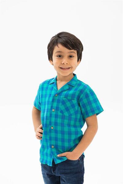 پیراهن بچه گانه پسرانه یقه ترکیبی آستین کوتاه سبز آبی برند Eliş Şile Bezi|پیشنهاد محصول
