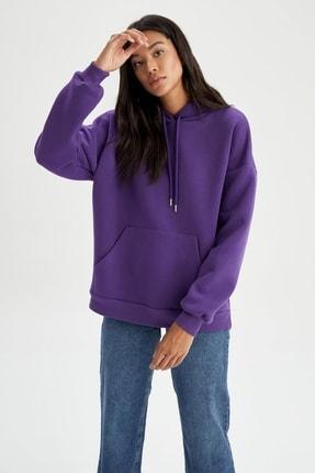 هودی زنانه بنفش دیفاکتو V5691AZ22AU ا Oversize Fit Kapüşonlu Kanguru Cepli Içi Yumuşak Tüylü Sweatshirt|پیشنهاد محصول