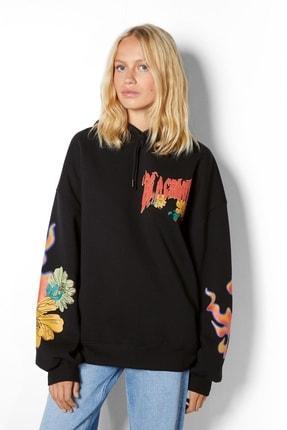 خرید اینترنتی هودی زنانه سیاه برشکا 07235187 ا Desenli Kapüşonlu Sweatshirt|پیشنهاد محصول