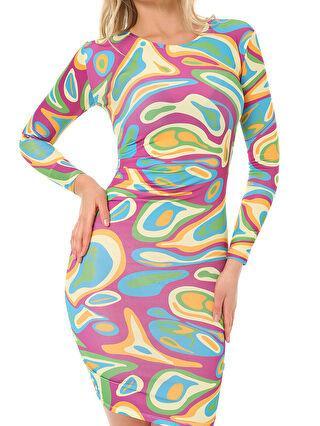 پیراهن رسمی زنانه رنگارنگ برند Ecrou S2N608Z8 ا Bisiklet Yaka Desenli Uzun Kollu Kadın Elbise|پیشنهاد محصول