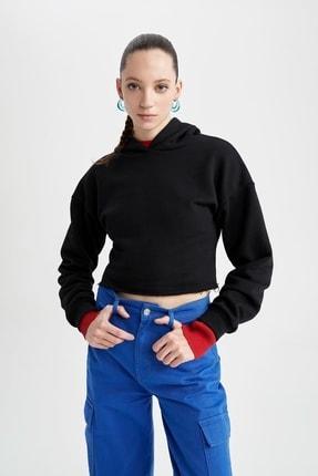 خرید اینترنتی هودی زنانه سیاه دفکتو Z9509AZ22AU ا Bisiklet Yaka Kapüşonlu Basic Crop Sweatshirt|پیشنهاد محصول