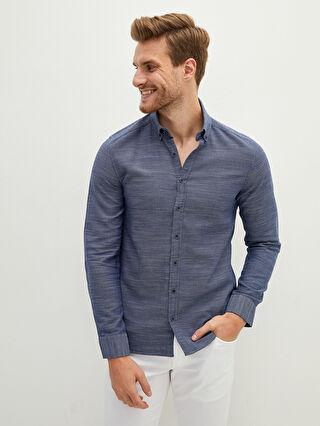 پیراهن آستین بلند مردانه آبی السی وایکیکی W10807Z8 ا Slim Fit Uzun Kollu Armürlü Erkek Gömlek|پیشنهاد محصول