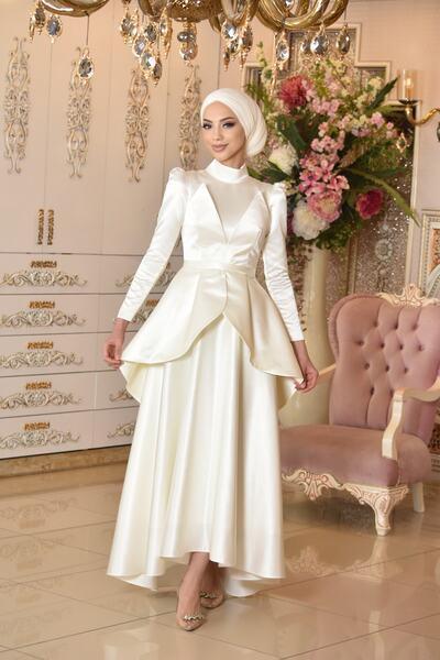 لباس مجلسی ساتن زنانه یقه بلند چین دار سفید برند MAHİDEVRAN|پیشنهاد محصول