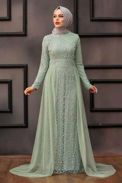 لباس شب بلند زنانه گیپور پولک دار دنباله توری نعنایی برند Neva Style|پیشنهاد محصول