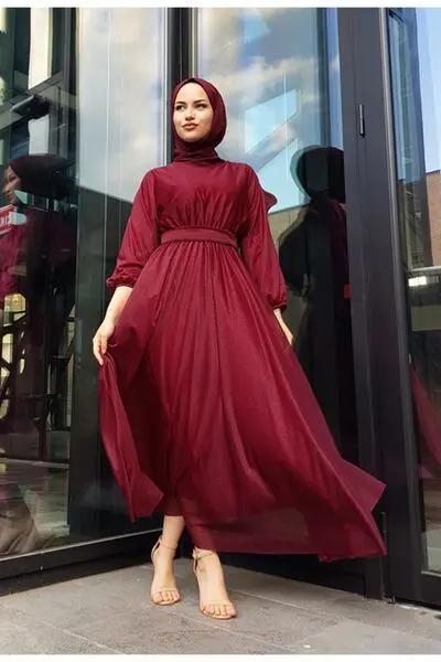 لباس مجلسی بلند لمه کمر بند دار زنانه زرشکی برند MY DREAM|پیشنهاد محصول