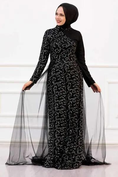 لباس شب بلند زنانه گیپور پولک دار دنباله توری مشکی نقره ای برند Neva Style|پیشنهاد محصول