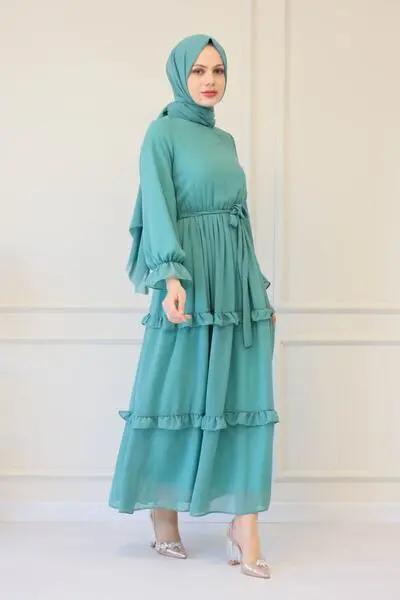 لباس مجلسی چین دار آبی فیروزه ای برند saretex|پیشنهاد محصول