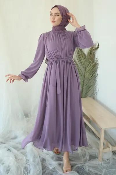 لباس مجلسی زنانه آستین بادکنکی چین دار یاسی برند saretex|پیشنهاد محصول