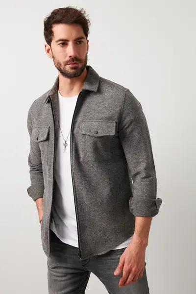 پیراهن زمستانی زیپ دار دو جیب مردانه خاکستری برند Buratti|پیشنهاد محصول