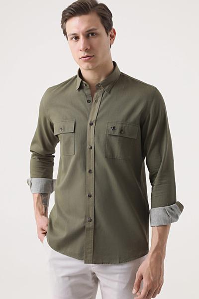 پیراهن آستین بلند یقه کلاسیک دو جیب مردانه زیتونی تیره برند Tween|پیشنهاد محصول