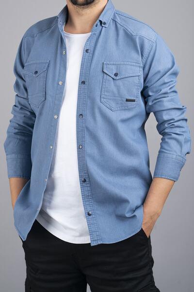 پیراهن جین اندامی آستین بلند یقه کلاسیک مردانه آبی روشن برند bombe|پیشنهاد محصول