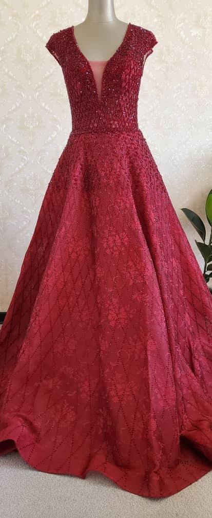 سنری 146 لباس مجلسی، ملیله دوزی شده رنگ قرمز، یقه هفت، دامن پف|پیشنهاد محصول