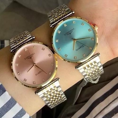 ساعت مچی زنانه و مردانه لونجین LONGINES بند استیل دو رنگ صفحه گرد صورتی کد 2641|باسلام