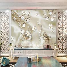پوستر دیواری سه بعدی مدل شاخه گل سفید قو طلایی DVRF1227