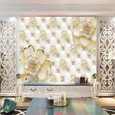 پوستر دیواری سه بعدی مدل گل سفید لبه طلایی زمینه لمسه DVRF1240