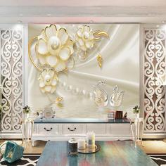 پوستر دیواری سه بعدی مدل گل برجسته سفید لبه طلایی مرواریدی DVRF1208